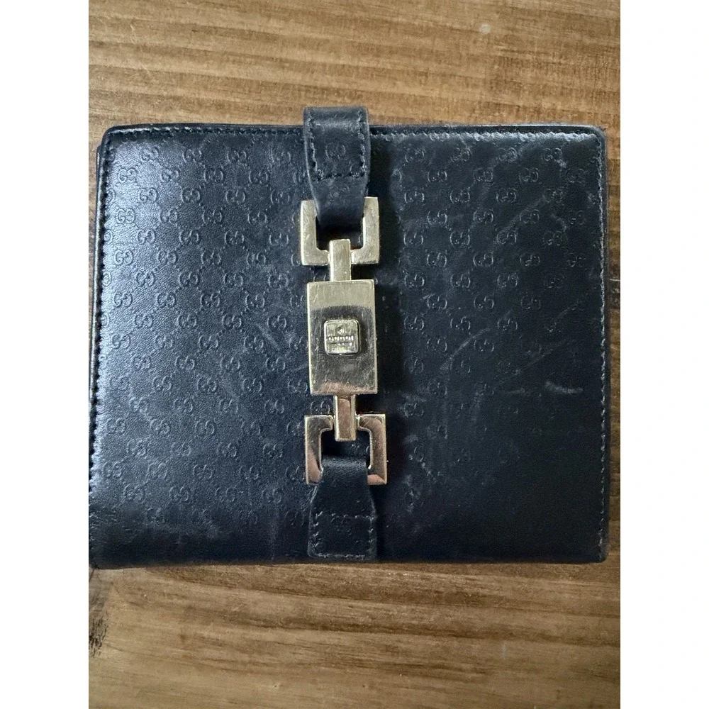 Auth GUCCI Jackie Leather Square Compact Bifold Wallet Black Gold  W/COA Used